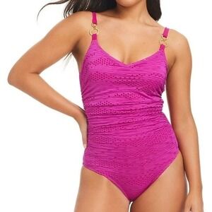 Beyond Control One Piece Swimsuit Women 12 Pink Crochet Rhinestone Hardware NWT